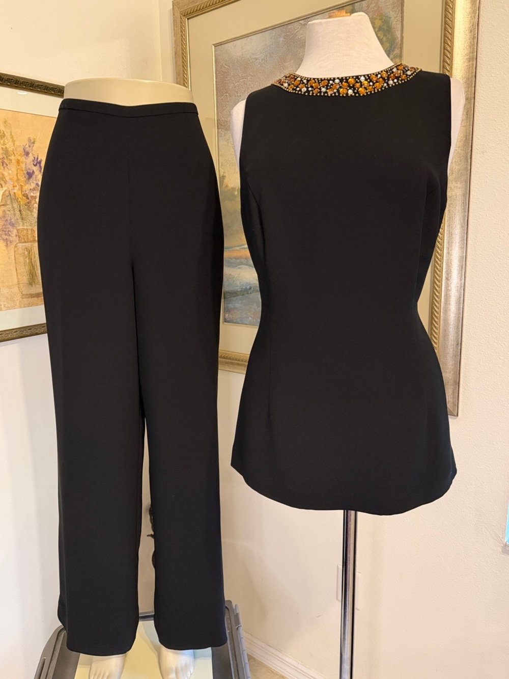 Talbots Pantsuit - Black Embellished Neck Sleeveless Top & Wide-Leg Pants Set 14